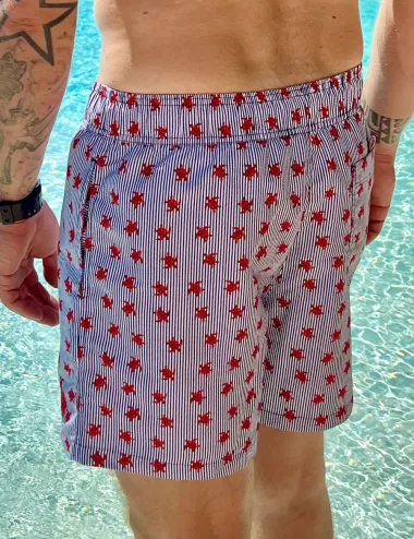 Boardshort homme rayé marine et blanc imprimé tortues, nœud de serrage et poche au dos - tailles S à XXL