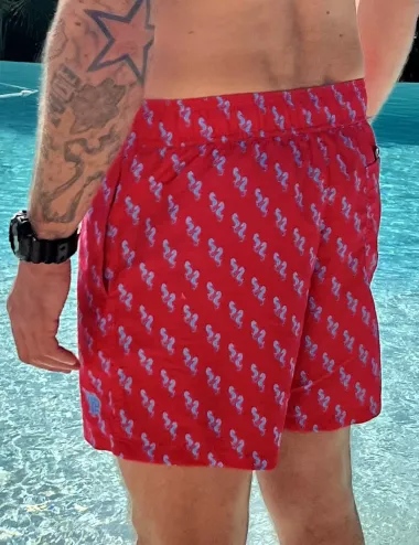 Boardshort homme rose motif hippocampe, nœud de serrage et poche au dos - tailles S à XXL