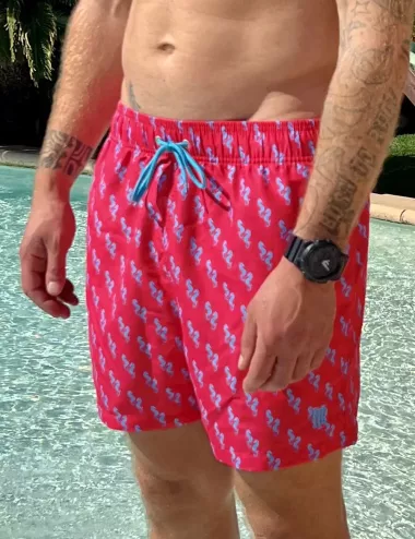 Boardshort homme rose motif hippocampe, nœud de serrage et poche au dos - tailles S à XXL