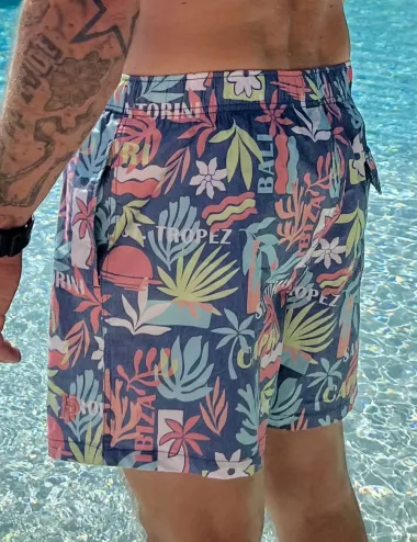 Boardshort homme imprimé vintage pastel, nœud de serrage et poche au dos - tailles S à XXL