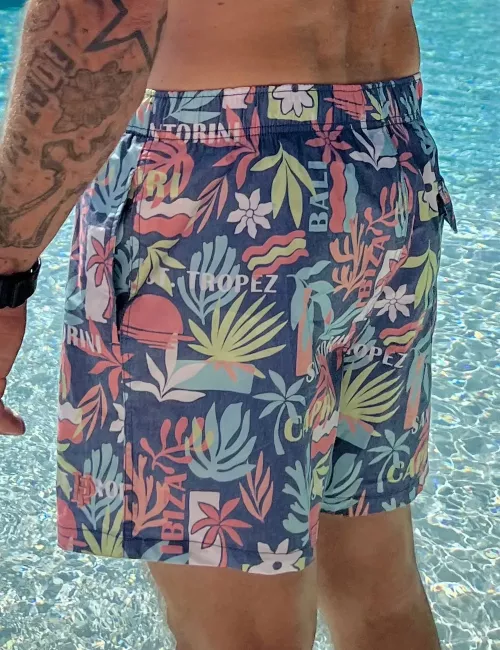 Boardshort homme imprimé vintage pastel, nœud de serrage et poche au dos - tailles S à XXL