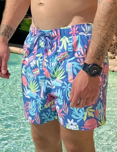 Boardshort homme imprimé vintage pastel, nœud de serrage et poche au dos - tailles S à XXL