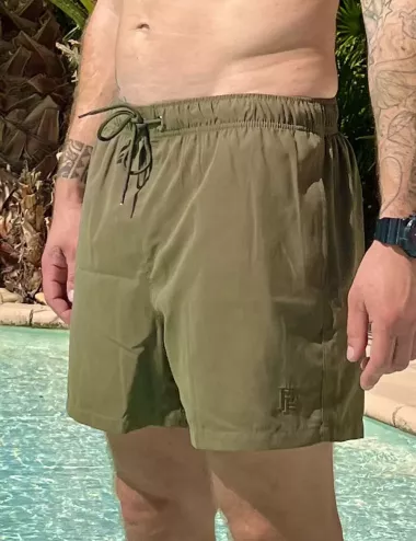 Boardshort homme uni kaki, nœud de serrage et poche au dos - tailles S à XXL