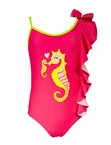 Maillot 1 pièces fillette rose motif hippocampes  - tailles 2 à 8 ans