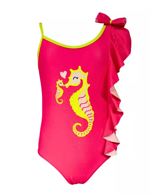 Maillot 1 pièces fillette rose motif hippocampes  - tailles 2 à 8 ans