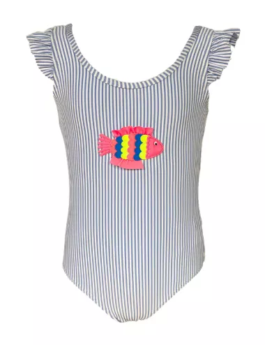 Maillot 1 pièces fillette rayé bleu et blanc motif poisson - tailles 2 à 8 ans
