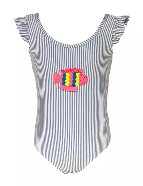 Maillot 1 pièces fillette rayé bleu et blanc motif poisson - tailles 2 à 8 ans