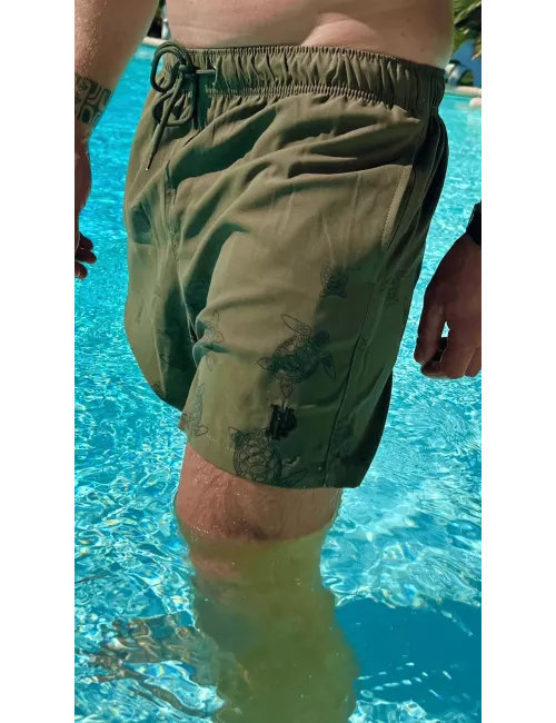 Boardshort homme uni kaki, nœud de serrage et poche au dos - tailles S à XXL