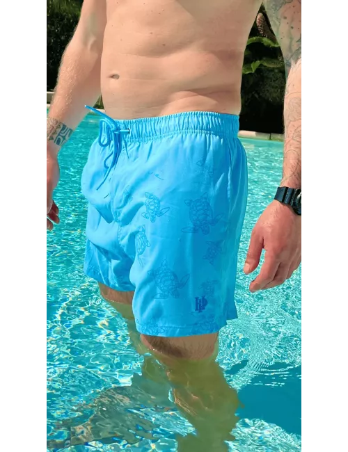 Boardshort homme uni bleu turquoise, nœud de serrage et poche au dos - tailles S à XXL