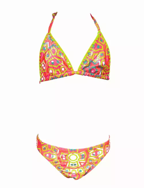 Maillot de bain 2 pièces fille imprimé géométrique rose et jaune – du 8 au 14 ans