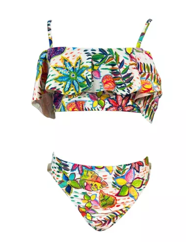 Maillot de bain fille 2 pièces à volants imprimé tropical - 8 à 14 ans