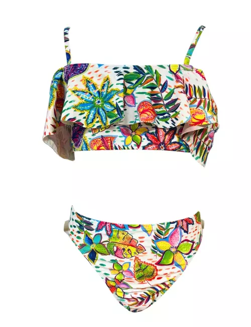 Maillot de bain fille 2 pièces à volants imprimé tropical - 8 à 14 ans