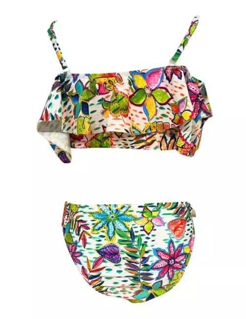 Maillot de bain fille 2 pièces à volants imprimé tropical - 8 à 14 ans