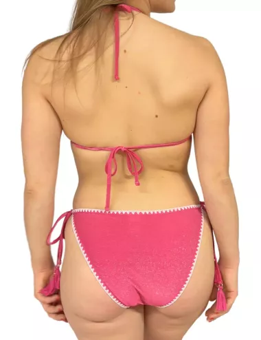 Bikini femme rose pailleté haut triangle et culotte à nouer, du 34 au 44