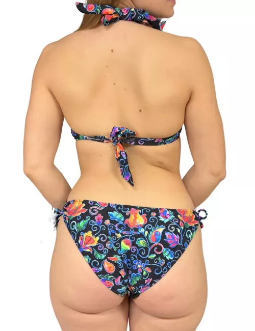 Bikini noir motif mandala coloré, haut à coques à nouer - du 36 au 44