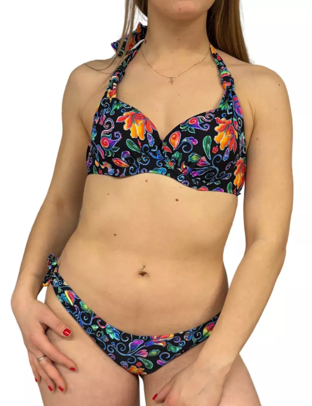 Bikini noir motif mandala coloré, haut à coques à nouer - du 36 au 44