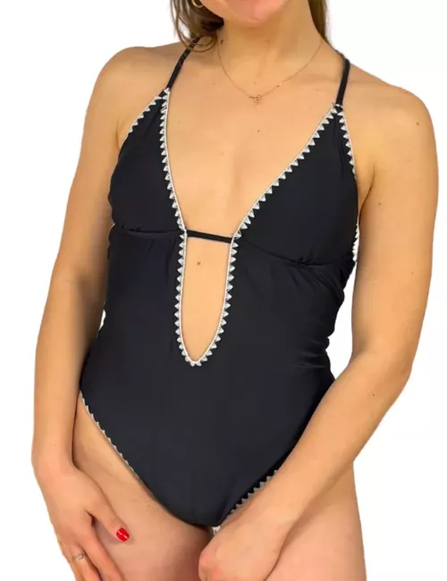 Maillot 1 pièce femme, décolleté plongeant et dos nu, uni noir, du 36 au 46