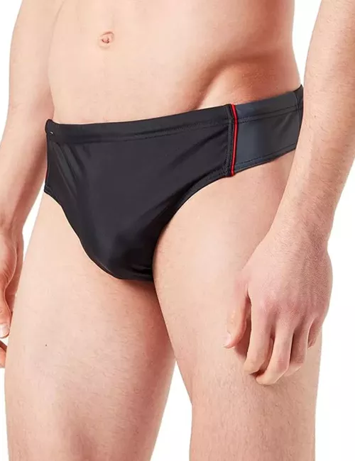 Slip de bain homme uni noir, cotés gris et rouge  du 38 au 48