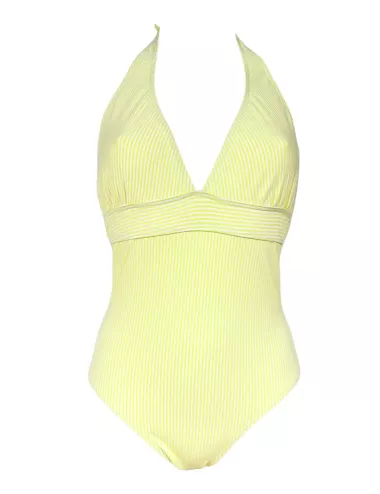 Maillot une pièce rayé jaune et blanc - décolleté en V et dos nu - du 36 au 46