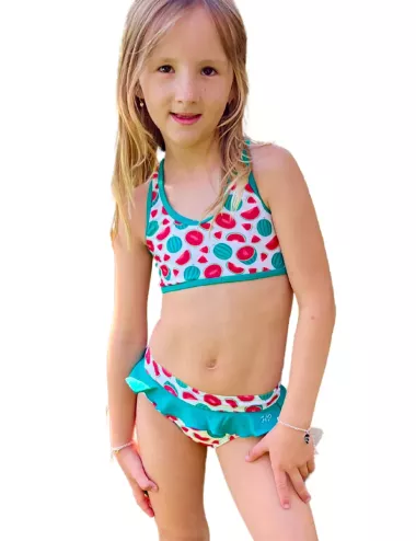 Maillot 2 pièces fille brassière et volant motif pastèque - taille 2 à 8 ans