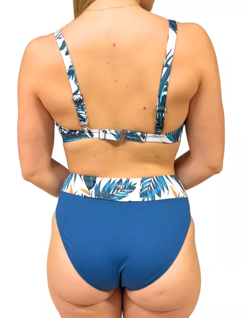 Ensemble 2 pièces imprimé feuillage bleu et blanc à armatures, culotte haute revers – Bonnet D – 36 au 50