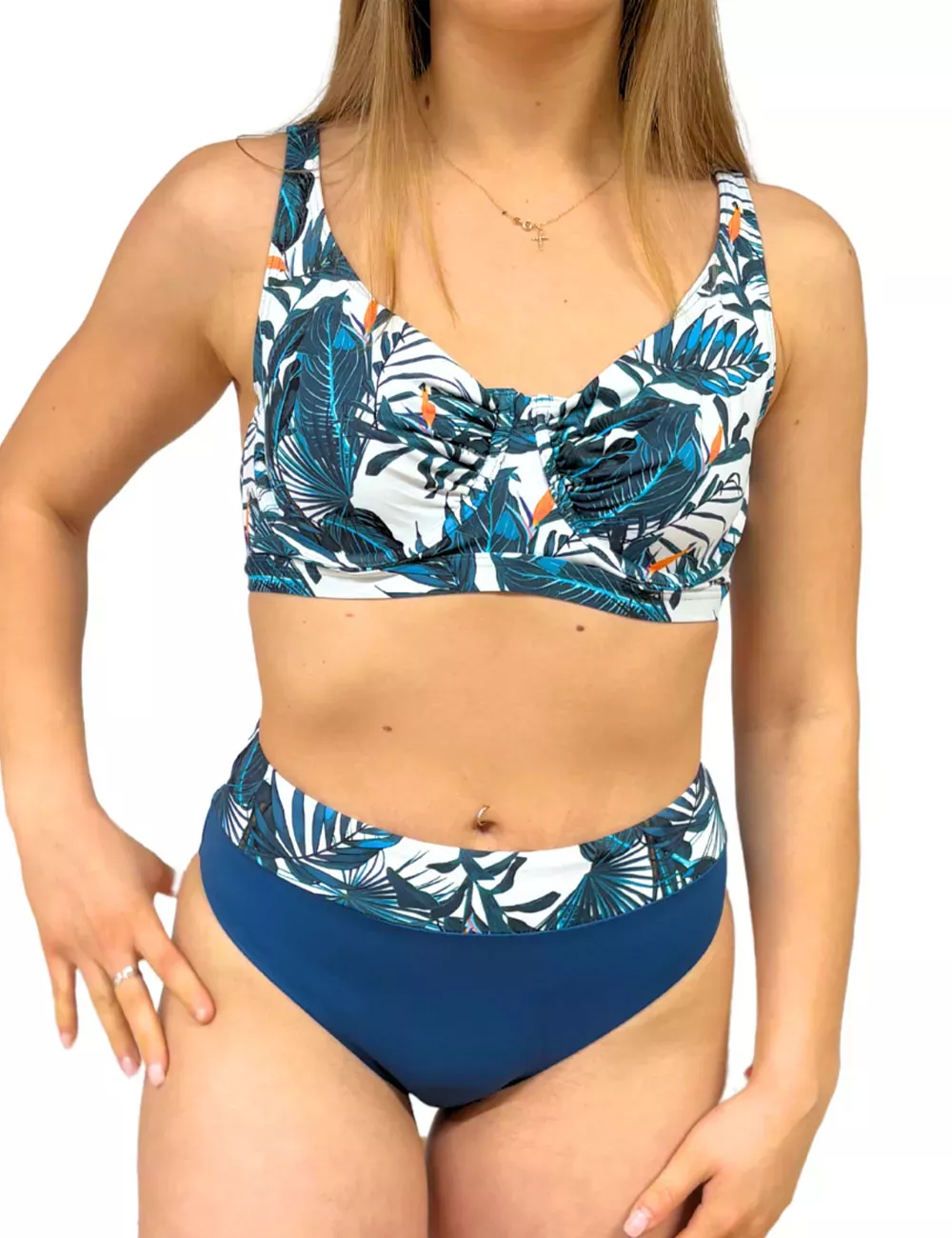 Ensemble 2 pièces imprimé feuillage bleu et blanc à armatures, culotte haute revers – Bonnet D – 36 au 50