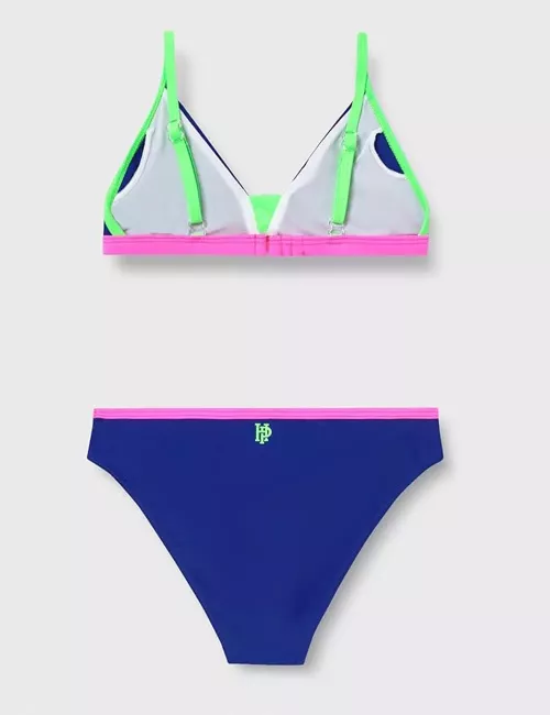 Maillot 2 pièces fille triangle bleu et bandes fluos - du 6 au 16 ans