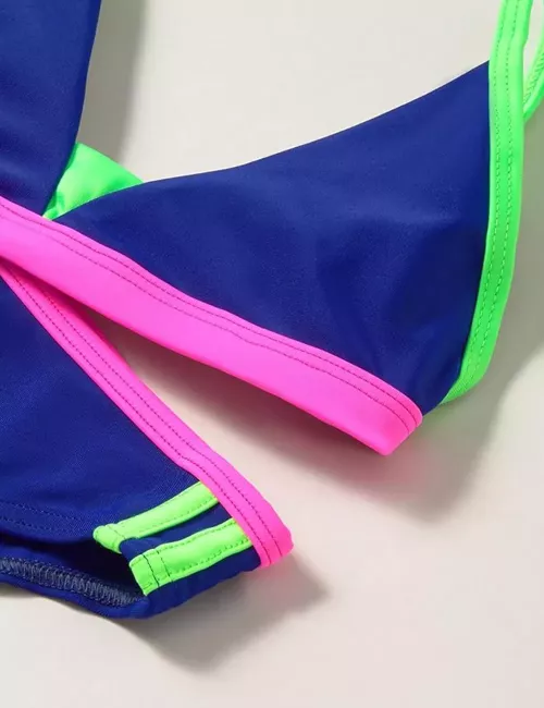 Maillot 2 pièces fille triangle bleu et bandes fluos - du 6 au 16 ans