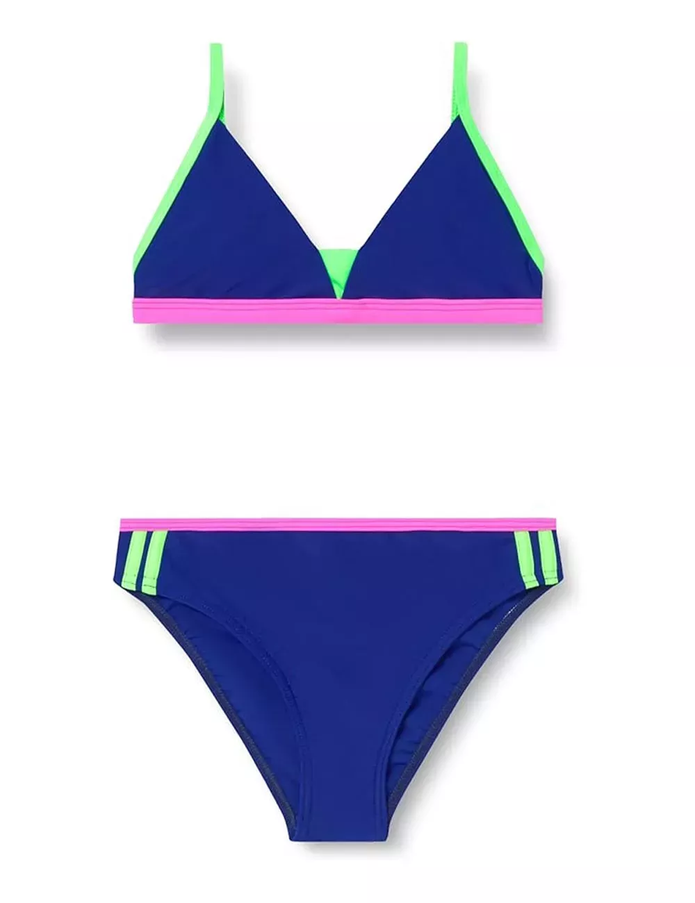 Maillot 2 pièces fille triangle bleu et bandes fluos - du 6 au 16 ans