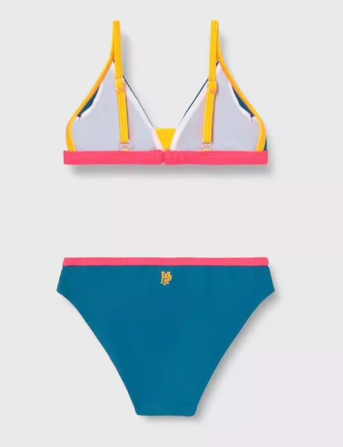 Maillot 2 pièces fille triangle bleu pétrole et détails fluos - du 6 au 16 ans