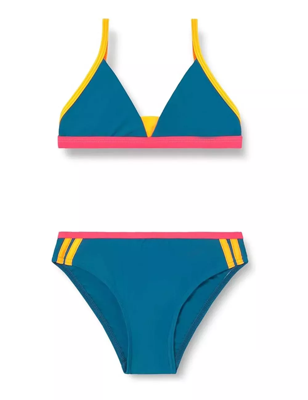Maillot 2 pièces fille triangle bleu pétrole et détails fluos - du 6 au 16 ans