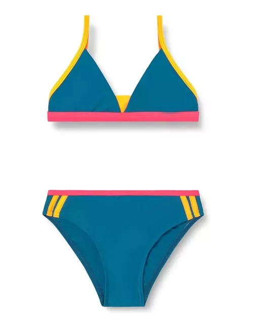 Maillot 2 pièces fille triangle bleu pétrole et détails fluos - du 6 au 16 ans