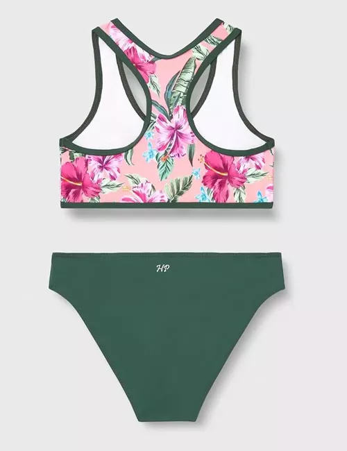 Maillot de bain 2 pièces fille kaki brassière imprimé fleurs roses – du 6 au 16 ans