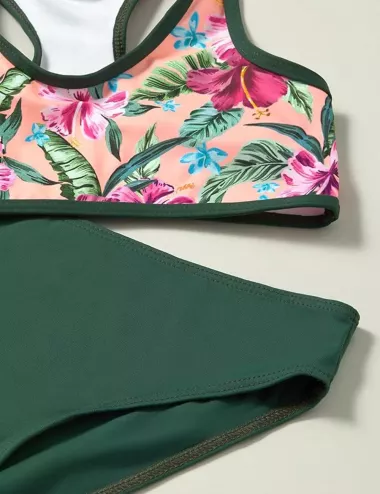 Maillot de bain 2 pièces fille kaki brassière imprimé fleurs roses – du 6 au 16 ans