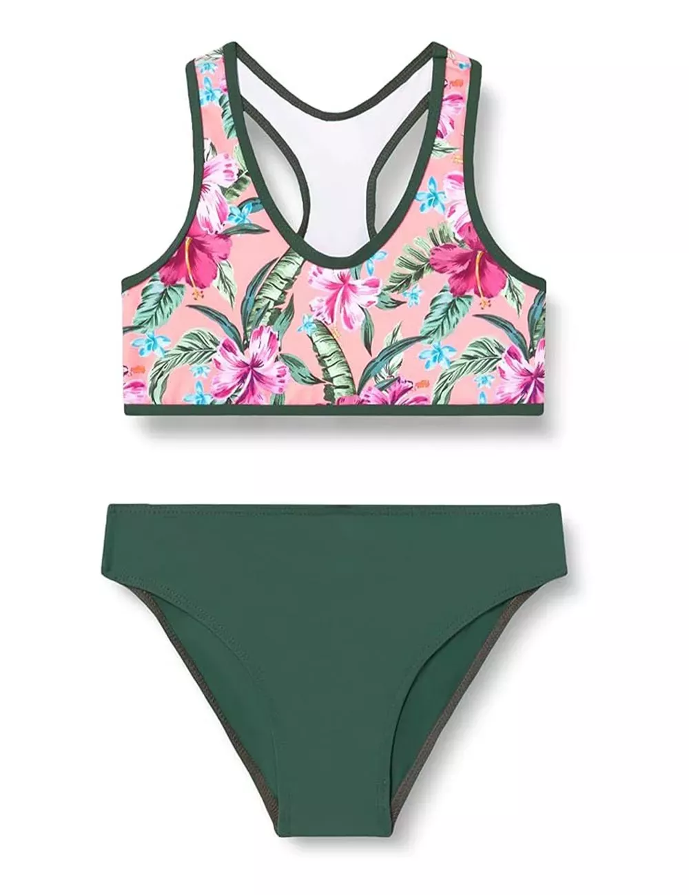 Maillot de bain 2 pièces fille kaki brassière imprimé fleurs roses – du 6 au 16 ans