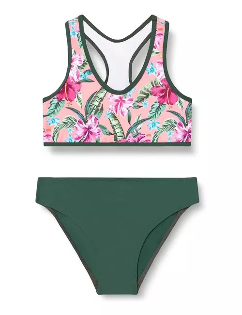 Maillot de bain 2 pièces fille kaki brassière imprimé fleurs roses – du 6 au 16 ans