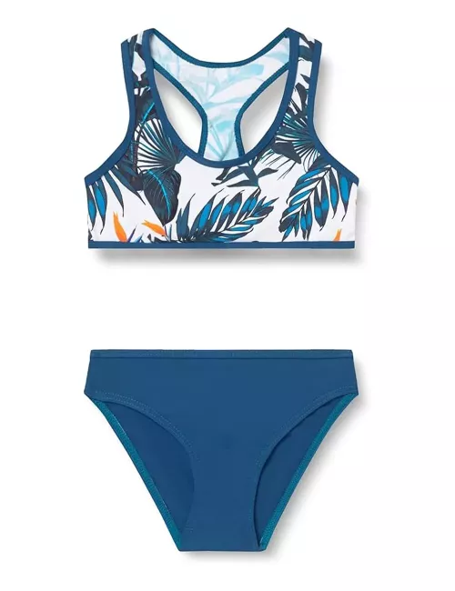 Maillot 2 pièces fille brassière et culotte motif tropical bleu – du 6 au 16 ans
