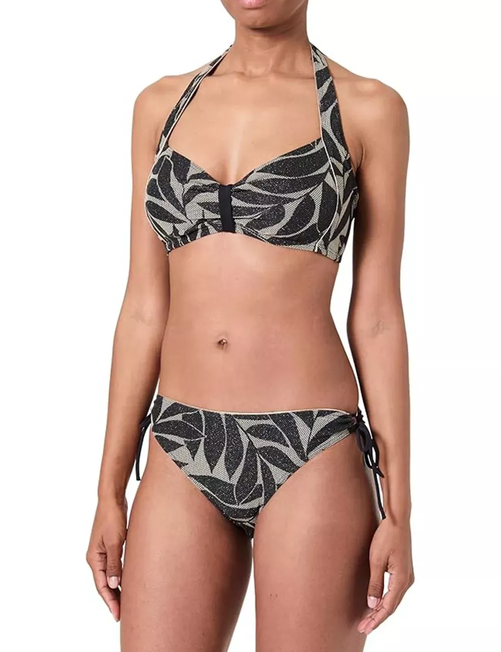 Bikini 2 pièces bandeau et culotte à nouer motif noir et doré - du 36 au 50