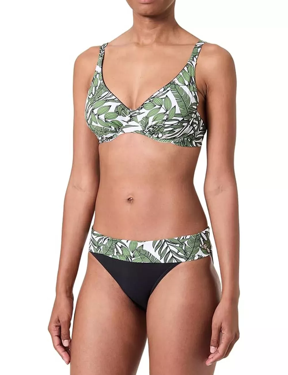 Maillot 2 pièces à armatures et culotte à revers noir et feuillage vert - du 36 au 50