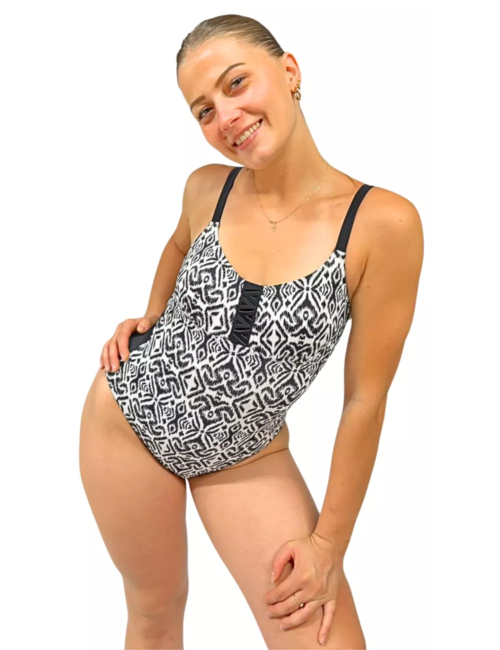 Maillot de bain 1 pièce femme imprimé graphique noir & blanc – Maintien et élégance