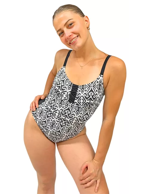 Maillot de bain 1 pièce femme imprimé graphique noir & blanc – Maintien et élégance