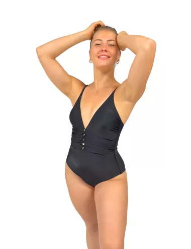 Maillot de bain 1 pièce femme noir décolleté plongeant avec boutons