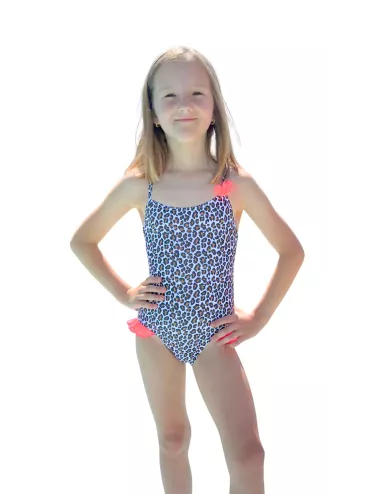 Maillot de bain fille 1 pièce imprimé léopard avec détails rose fluo