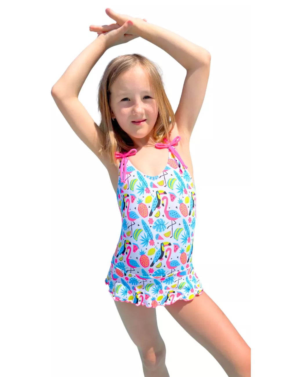 Maillot de bain fille 1 pièce imprimé tropical coloré avec bretelles réglables