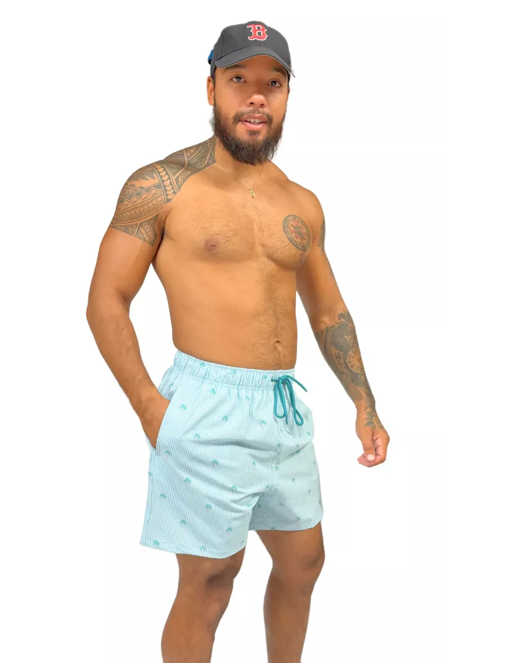 Boardshort homme rayé bleu palmiers du S au XXL