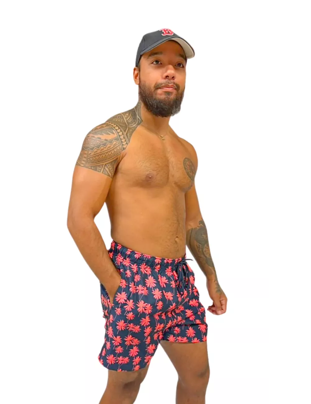 Boardshort homme noir imprimé palmiers orange fluo du S au XXL