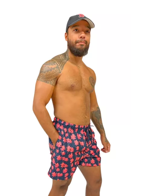 Boardshort homme noir imprimé palmiers orange fluo du S au XXL