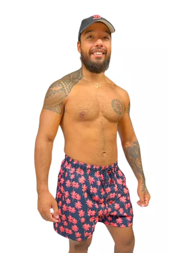 Boardshort homme noir imprimé palmiers orange fluo du S au XXL