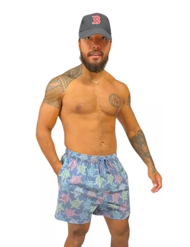 Boardshort homme bleu imprimé tortues multicolores du S au XXL