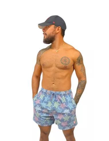 Boardshort homme bleu imprimé tortues multicolores du S au XXL